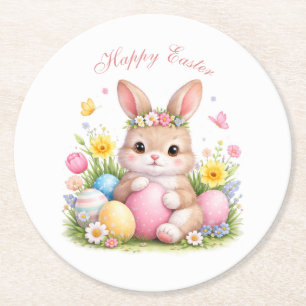 Süßer Osterhase Kaninchen Rosa Peonie Runder Pappuntersetzer