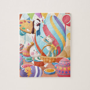 Süßer Osterhase Katze Hund malt riesiges Ei Puzzle
