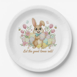 Süßer Osterhase mit bunten Eiern und Frühling Pappteller