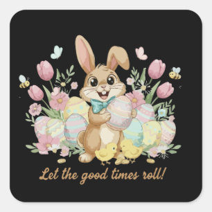 Süßer Osterhase mit bunten Eiern und Frühling Quadratischer Aufkleber