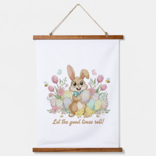 Süßer Osterhase mit bunten Eiern und Frühling Wandteppich Mit Holzrahmen