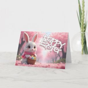 Süßer Osterhase mit Korb und bunten Eiern Karte