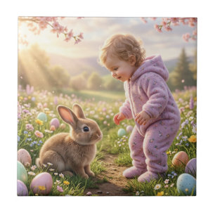 Süßer Osterhase und Kind Fliese