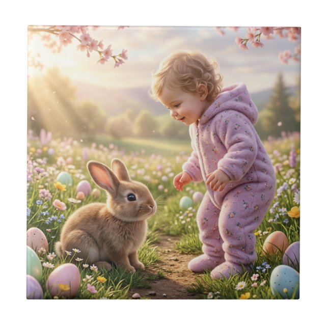 Süßer Osterhase und Kind Fliese (Vorderseite)