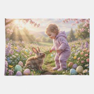 Süßer Osterhase und Kind Geschirrtuch