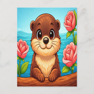 Süßer Otter-Cartoon Rosen Wasser Cartoon-Szene Ges Feiertagspostkarte