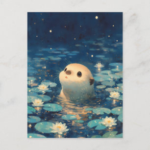 Süßer Otter im sternenklaren Seerosenteich Postkarte