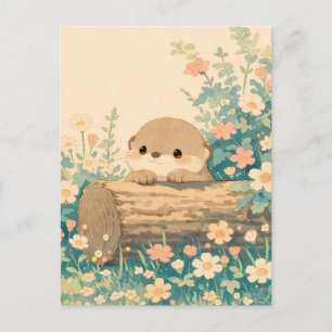 Süßer Otter schaut hinter einem Baumstamm in einer Postkarte