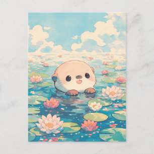 Süßer Otter schwimmt im Seerosenteich Postkarte
