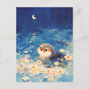 Süßer Otter schwimmt unter dem Halbmond Postkarte