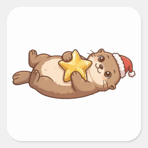Süßer Otter Weihnachtsmann Hut Weihnachtsstern Auf Quadratischer Aufkleber