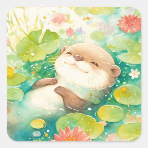 Süßer Otterbaby auf dem Rücken in einem sonnendurc Quadratischer Aufkleber