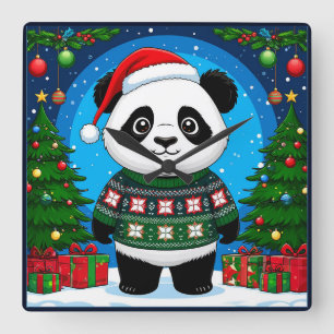 Süßer Panda in Weihnachtspullover trägt Santa-Hut Quadratische Wanduhr