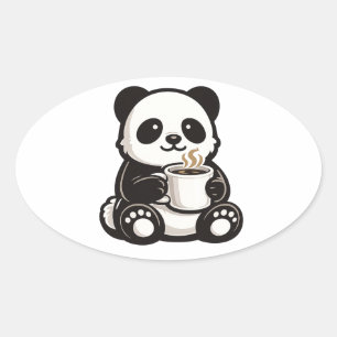 Süßer Panda-Kaffee – Kawaii Panda hält Kaffee  Ovaler Aufkleber