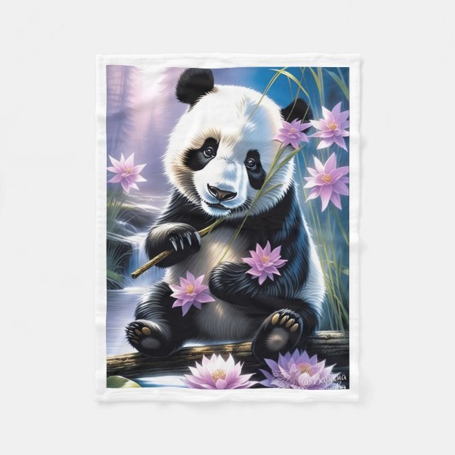 Süßer Panda mit rosa Lotusblumen-Decke Fleecedecke (Vorderseite)