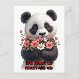 Süßer Panda trägt Blumen zum Muttertag auf einem Feiertagspostkarte