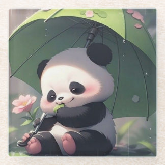Süßer Panda unter dem Regenschirm-Unterleger | Kaw Glasuntersetzer