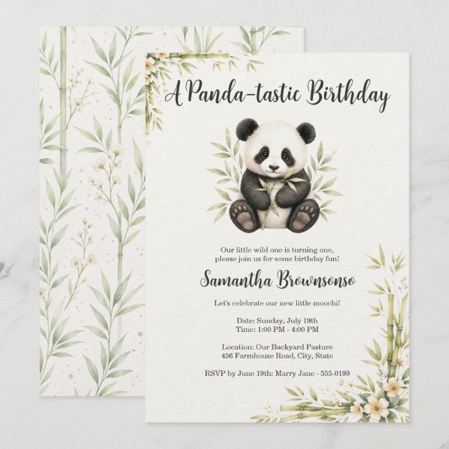 Süßer Panda zum ersten Geburtstag Einladung (Vorne/Hinten)