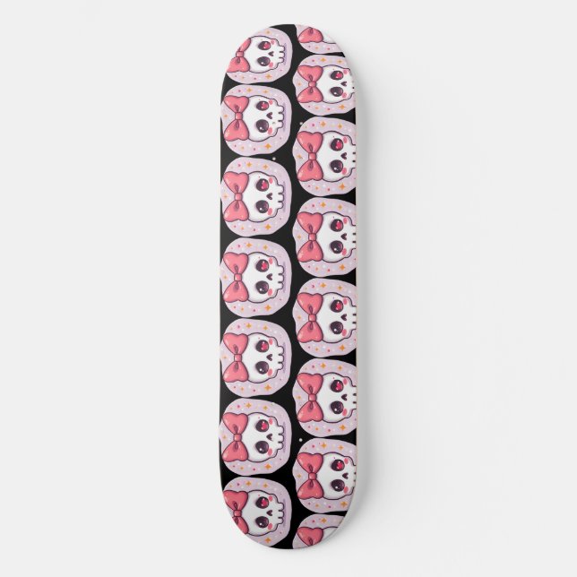 Süßer Pastell-Goth-Schädel mit Schleife Skateboard (Vorderseite)