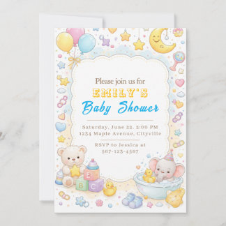 Süßer Pastell-Teddybär & Elefant-Baby-Party Einladung