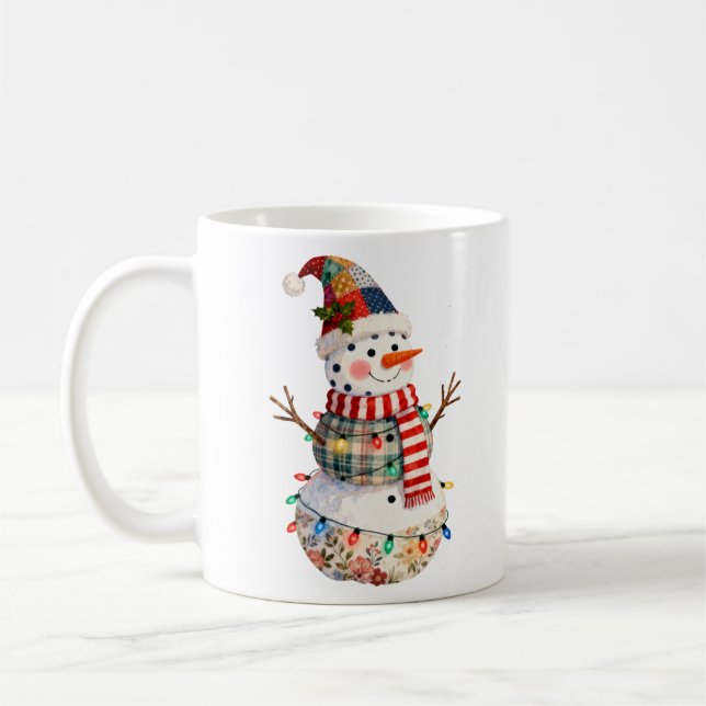 Süßer Patchwork-Schneemann Weihnachtslichter Feier Kaffeetasse (Links)
