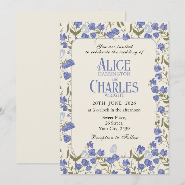Süßer Pea Blütenblau und Creme Einladung (Vorne/Hinten)