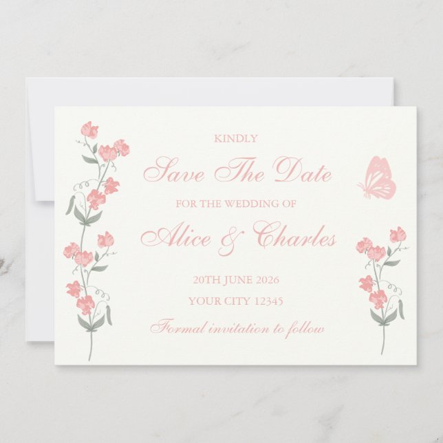 Süßer Pea Floral PInk und Creme Save the Date Einladung (Vorderseite)