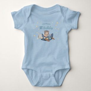 Süßer Pilot Bär Blau Vintage Flugzeug Geburtstag Baby Strampler