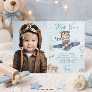Süßer Pilot Teddybär Blaues Flugzeug Geburtstagsfo Dankeskarte
