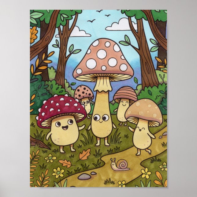 Süßer Pilzwald Waldpilz Whimsical  Poster (Vorne)