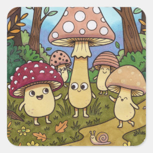 Süßer Pilzwald Waldpilz Whimsical Quadratischer Aufkleber