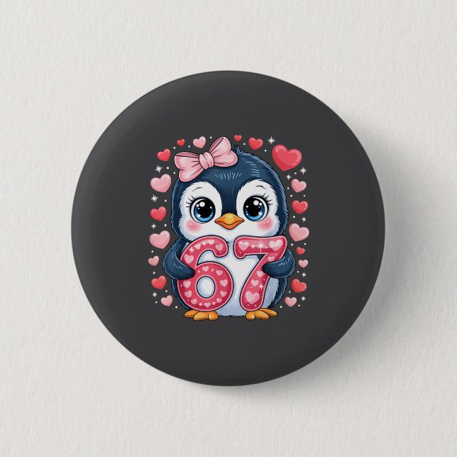Süßer Pinguin 67 Six Seven Valentinsherzen 6 7 Mem Button (Vorderseite)