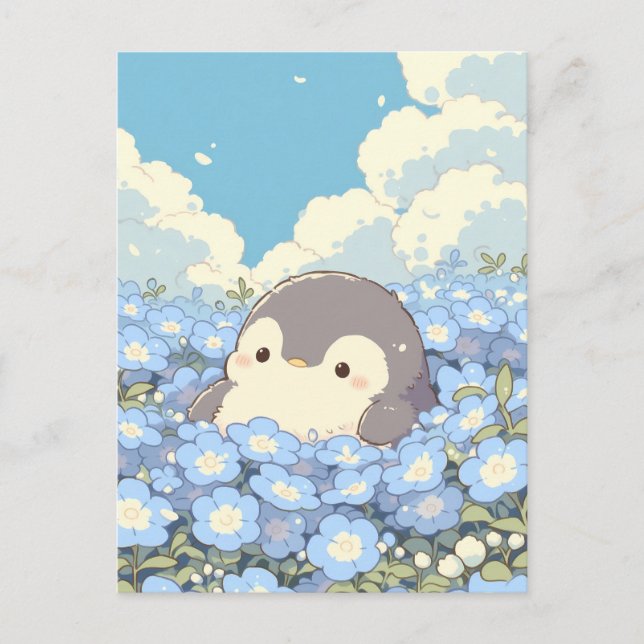 Süßer Pinguin auf blauer Blumenwiese Postkarte (Vorderseite)