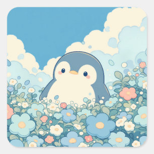 Süßer Pinguin auf blauer Blumenwiese Quadratischer Aufkleber