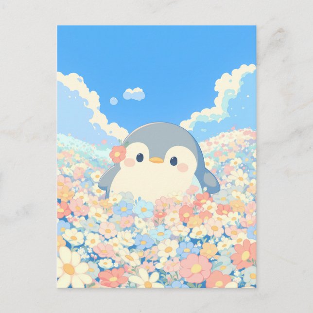 Süßer Pinguin auf einer bunten Frühlingswiese Postkarte (Vorderseite)