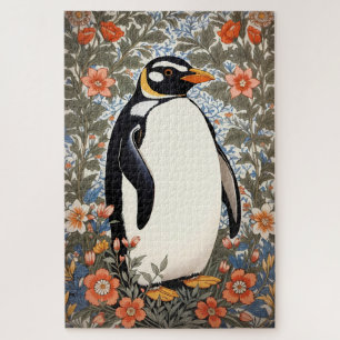 Süßer Pinguin auf farbenfrohem eleganten floralen Puzzle