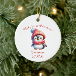Süßer Pinguin-Baby's erste personalisierte Keramik Ornament