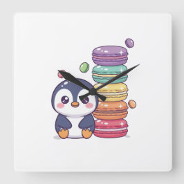Süßer Pinguin-Macarons-Turm Quadratische Wanduhr