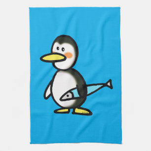 Süßer Pinguin mit einem blauen Fisch Geschirrtuch