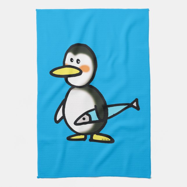 Süßer Pinguin mit einem blauen Fisch Geschirrtuch (Vertikal)