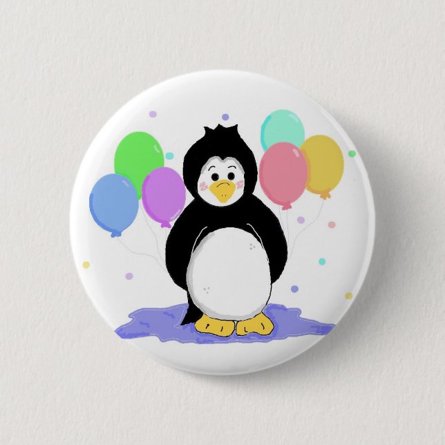 Süßer Pinguin mit Partyballons Button (Vorderseite)