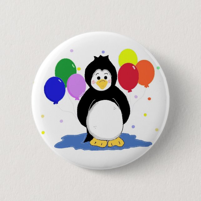 Süßer Pinguin mit Partyballons Button (Vorderseite)