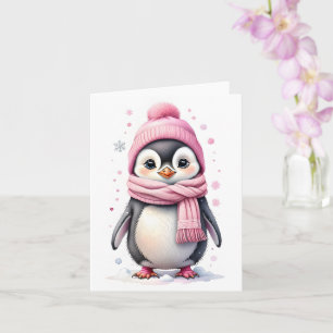 Süßer Pinguin mit rosa Hut und Schal Blanko-Weihna Karte