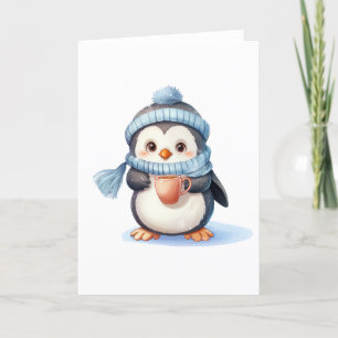 Süßer Pinguin mit Winterkleidung und leerer Tasse Feiertagskarte
