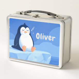 Süßer Pinguin, personalisiert in Blau Silber  Metall Brotdose