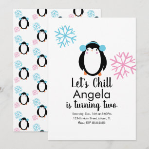 Süßer Pinguin Rosa Blaue Schneeflocken Winter Einl Einladung