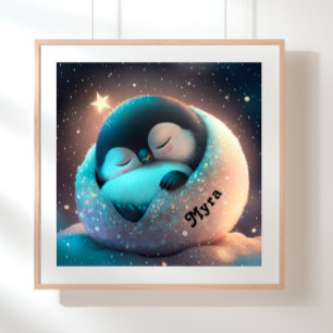 Süßer Pinguin schlafend Sterne Mond Kunst Kinderzi Poster