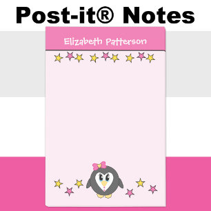 Süßer Pinguin Sterne Name Kinder rosa gelb Post-it Klebezettel