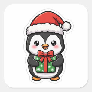 Süßer Pinguin Weihnachtsmann Hut Weihnachtssticker Quadratischer Aufkleber