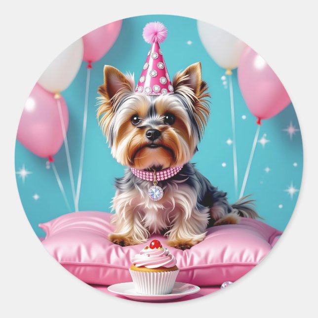 Süßer Pinker Yorkie Geburtstag Runder Aufkleber (Vorderseite)